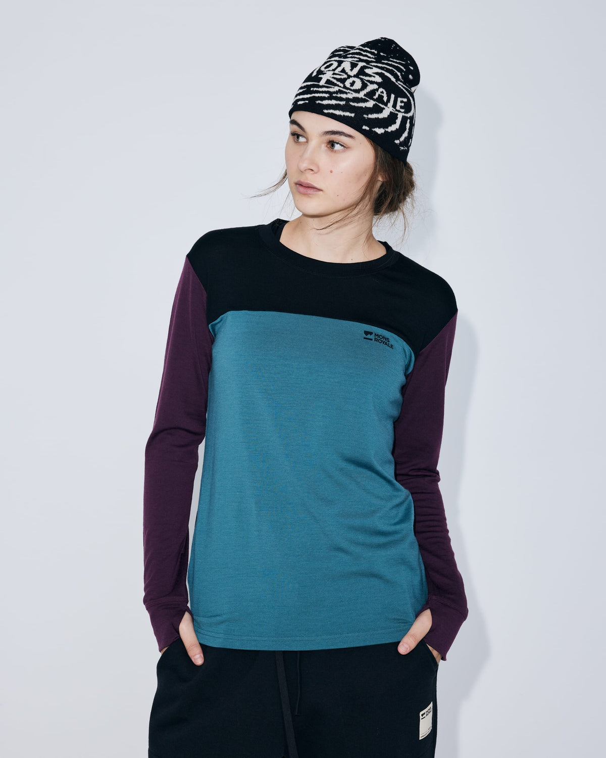 Mons Royale Yotei Merino Long Sleeve Skiundertrøje Dame – Jasper / Fig / Black - - 100022-1171-1028-601