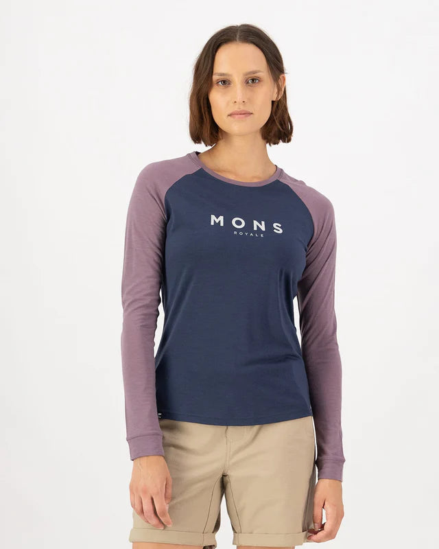 Mons Royale Icon Merino Raglan Long Sleeve T-Shirt Dame - Midnight / Mauve - Midnight Mauve