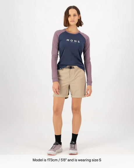Mons Royale Icon Merino Raglan Long Sleeve T-Shirt Dame - Midnight / Mauve -