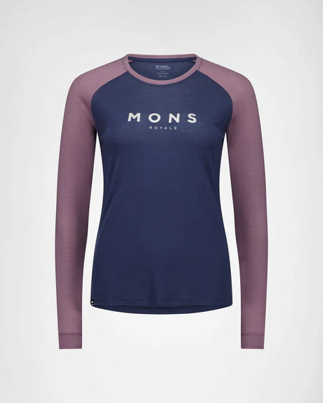 Mons Royale Icon Merino Raglan Long Sleeve T-Shirt Dame - Midnight / Mauve -