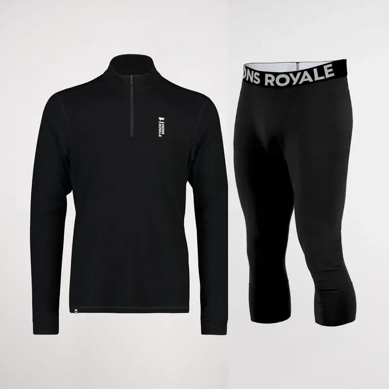 Mons Royale Cascade Merino Base Layer 1/4 Zip & 3/4 Legging Skiundertøj Sæt Herre - Black - XXL