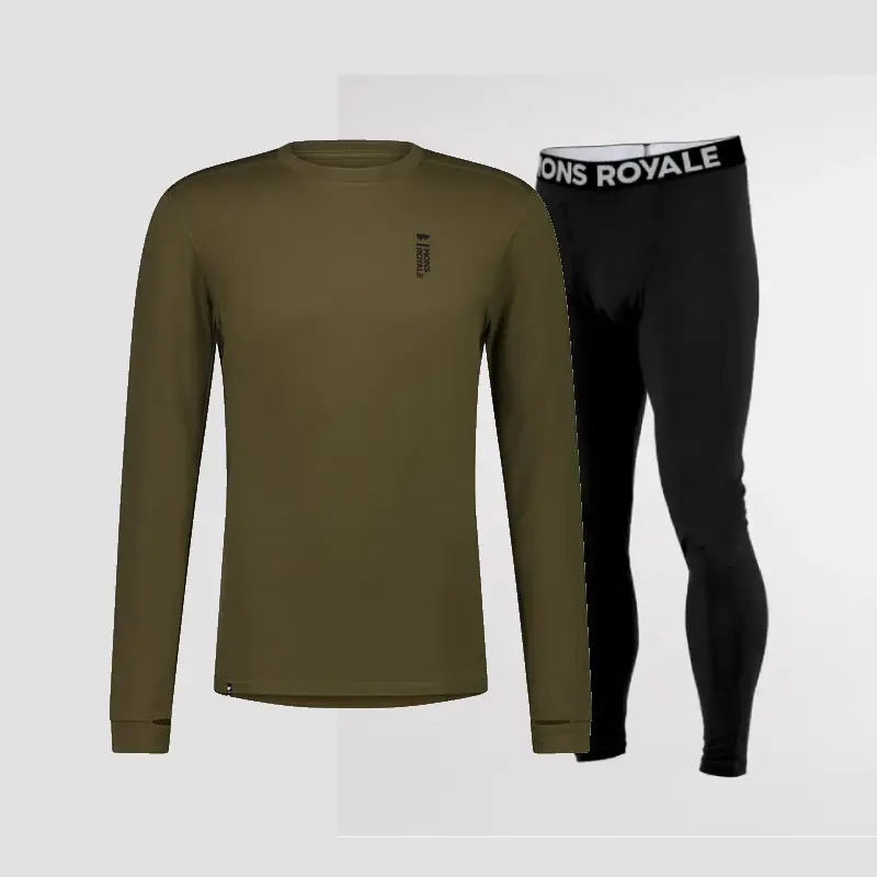 Mons Royale Cascade Merino Base Layer Long Sleeve & Legging Skiundertøj Sæt Herre - Dark Olive / Black