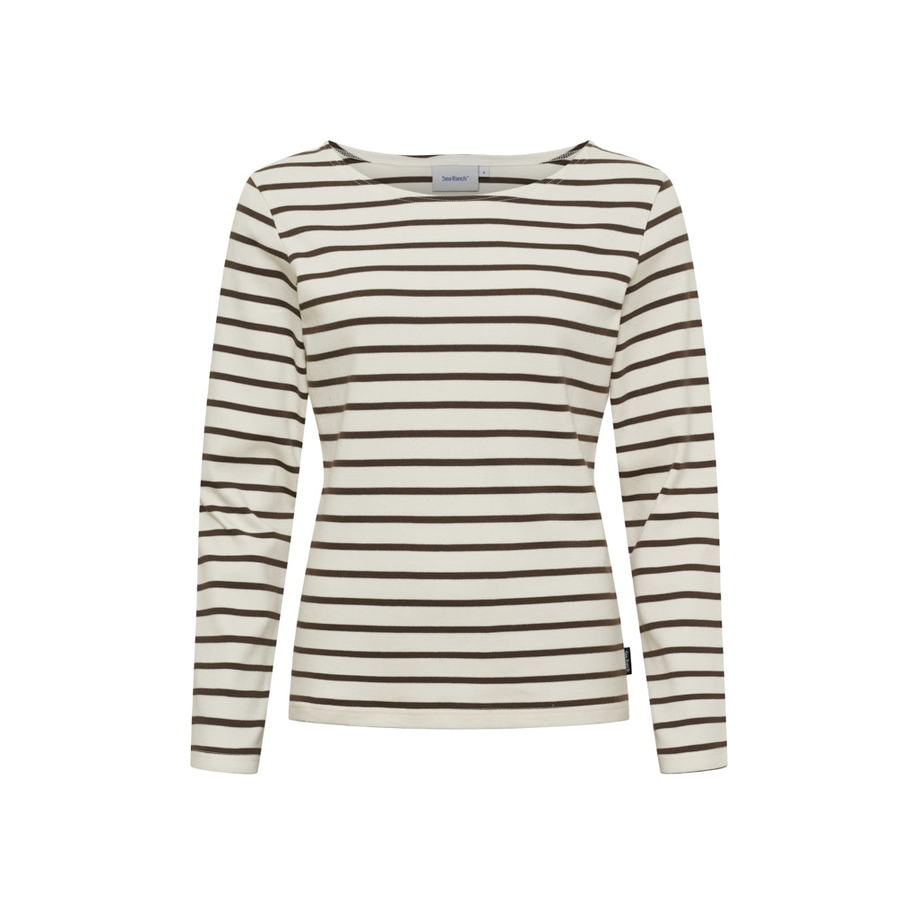 Sea Ranch Antibes Stribet Langærmet T-shirt Dame - Ecru / Chocolate -