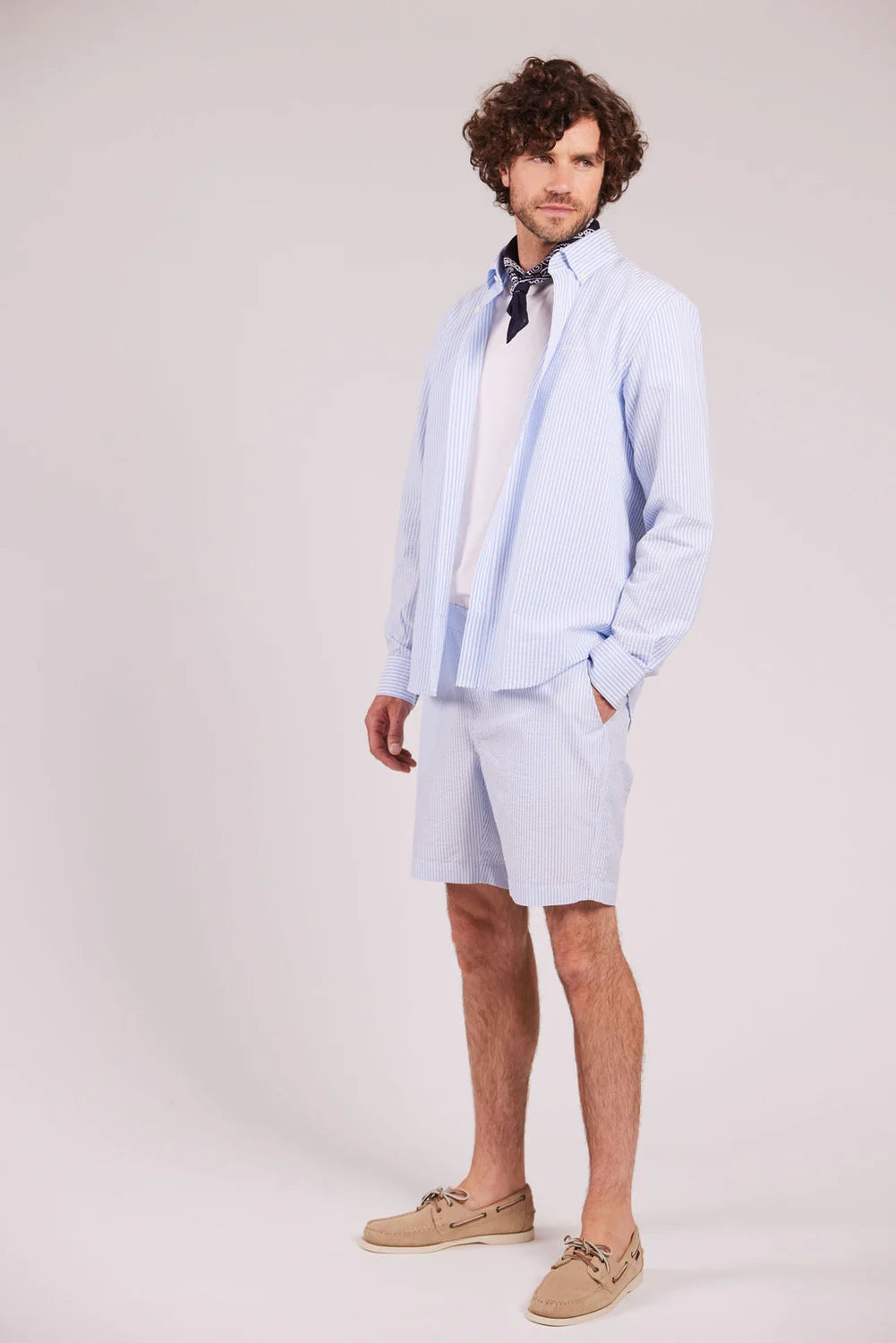 Sebago Seersucker Shorts Herre - Light Blue/White -