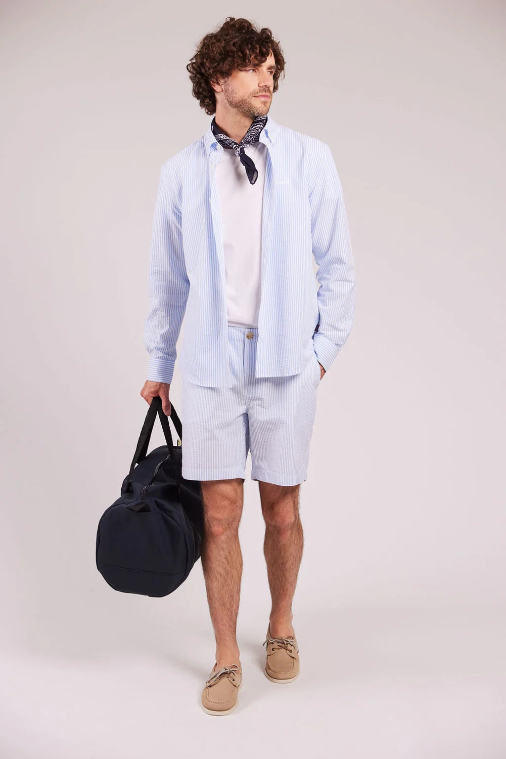 Sebago Seersucker Shorts Herre - Light Blue/White -