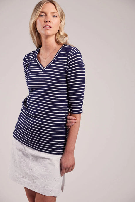 Sebago Vera Rib Half Sleeve Bluse Dame 123 - Navy White