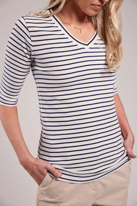 Sebago Vera Rib Half Sleeve Bluse Dame - White/Navy -