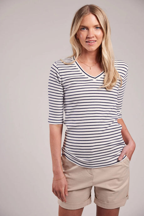Sebago Vera Rib Half Sleeve Bluse Dame - White/Navy - White Navy