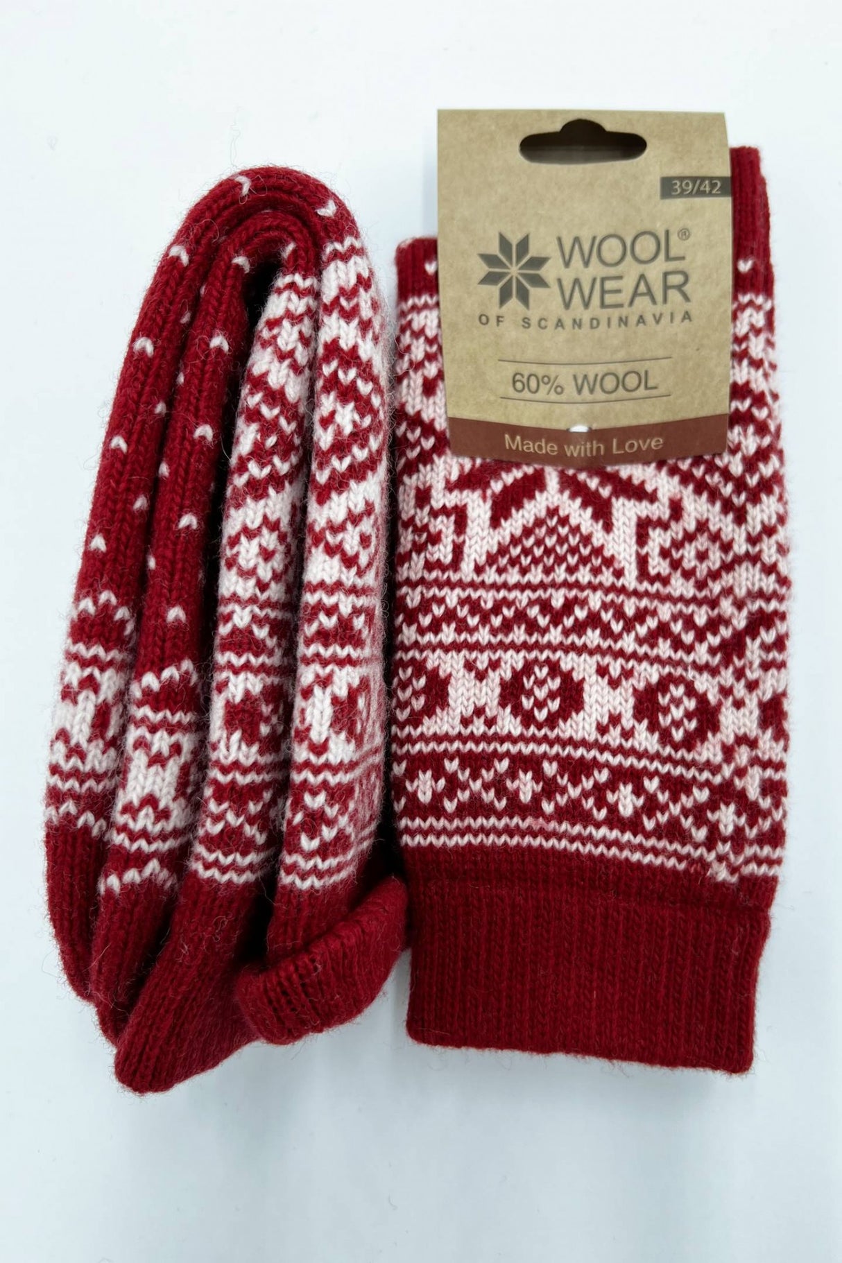 Woolwear Kraftige uldsokker med snefnugmønster af 60% lammeuld - Rød