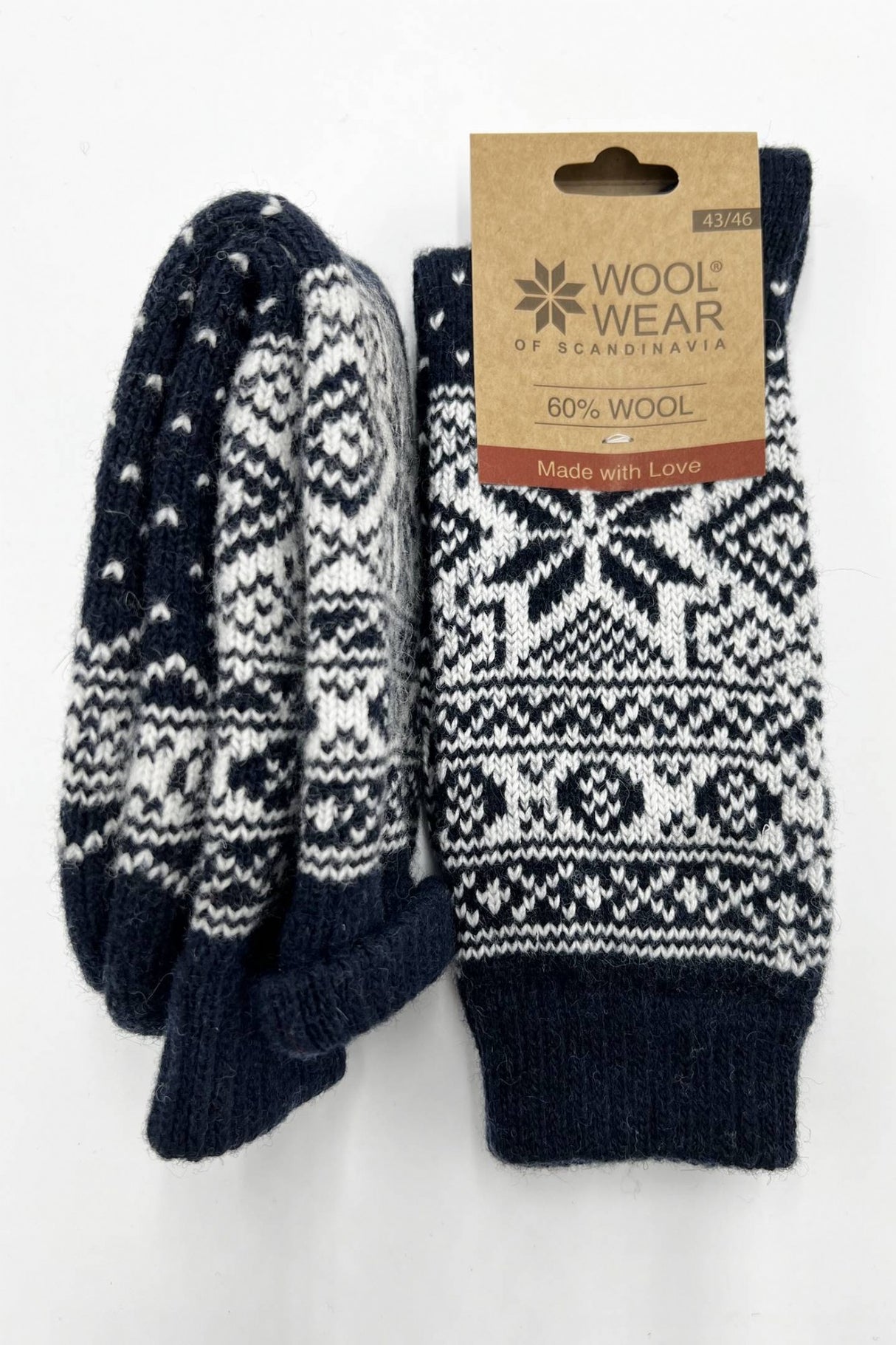 Woolwear Kraftige uldsokker med snefnugmønster af 60% lammeuld - Navy Hvid