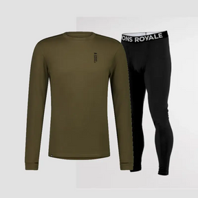 Mons Royale Cascade Merino Base Layer Long Sleeve & Legging Skiundertøj Sæt Herre - Dark Olive / Black - XXL