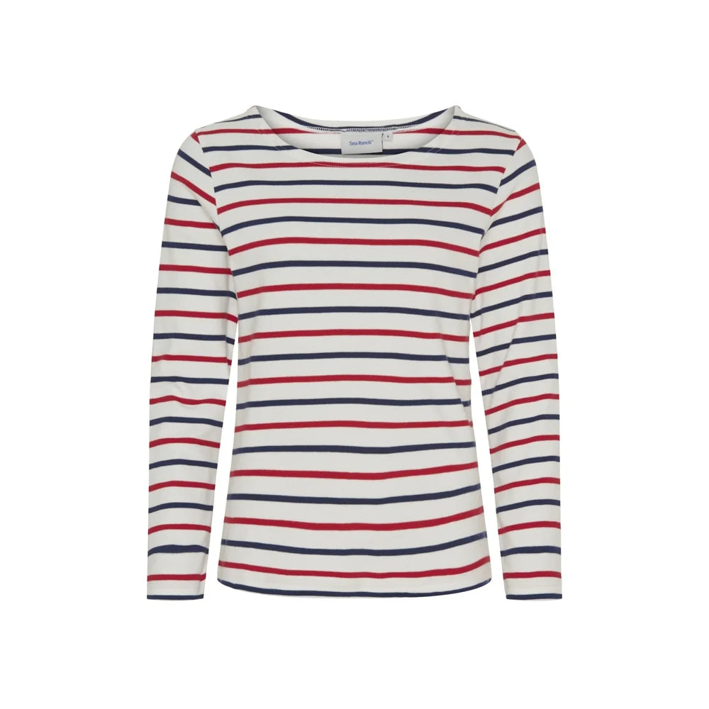 Sea Ranch Antibes Stribet Langærmet T-shirt Dame - Pearl/SR Navy/Rød - Pearl SR Navy Rød