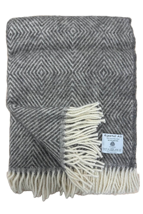 Gjestal Norsk Uldplaid Diamantmønster - Grå/Råhvid - Grå Råhvid