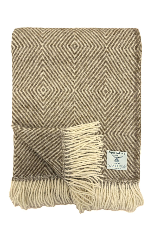Gjestal Norsk Uldplaid Diamantmønster - Beige/Råhvid -