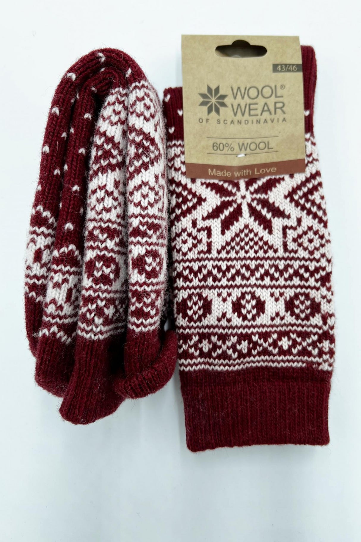 Woolwear Kraftige uldsokker med snefnugmønster af 60% lammeuld - Bordeaux Hvid