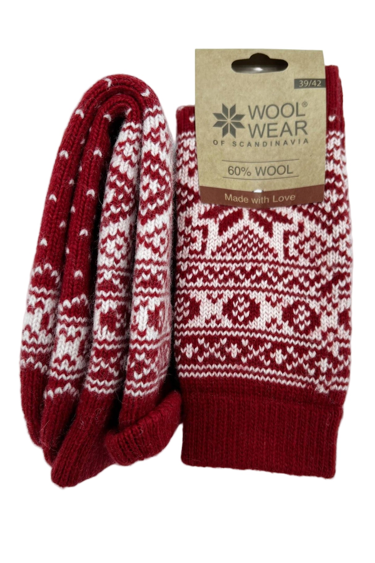 Woolwear Kraftige uldsokker med snefnugmønster af 60% lammeuld - Rød Hvid